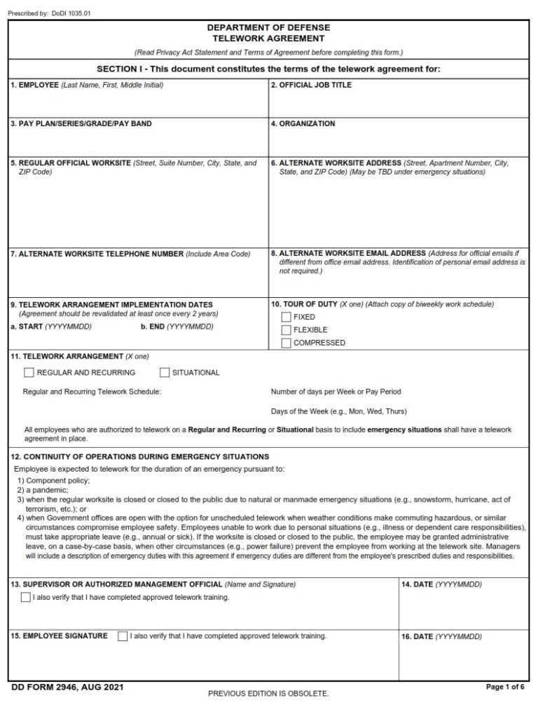 DD Form 2946 Department of Defense Telework Agreement DD Forms