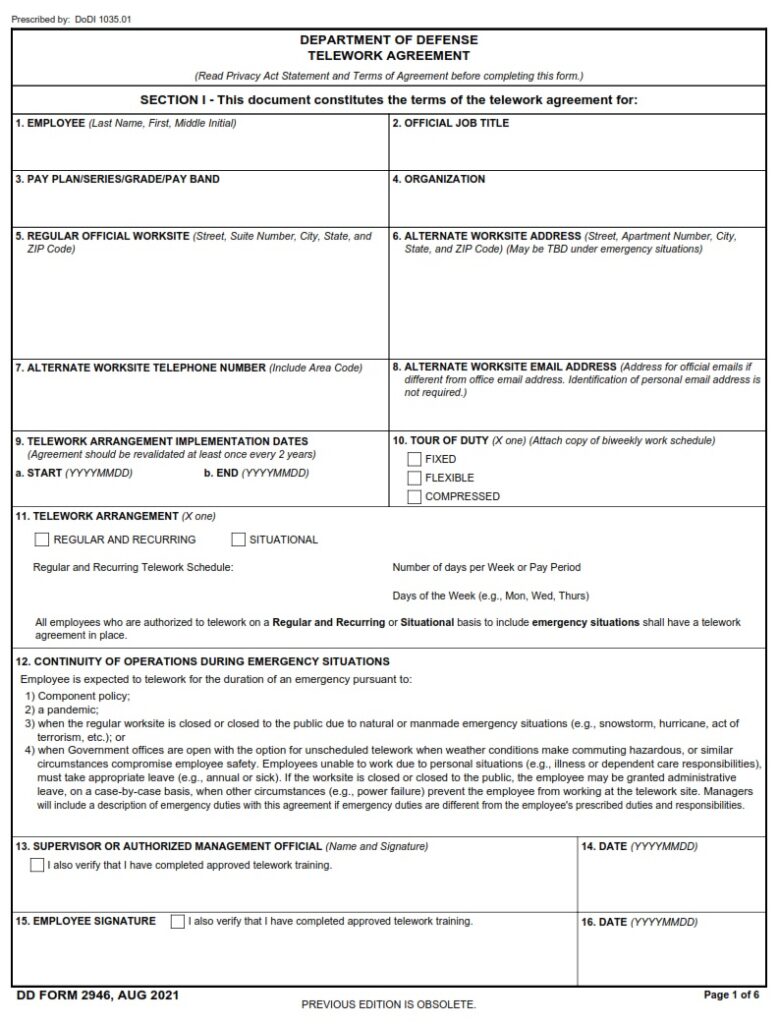 DD Form 2946 – Department of Defense Telework Agreement - DD Forms