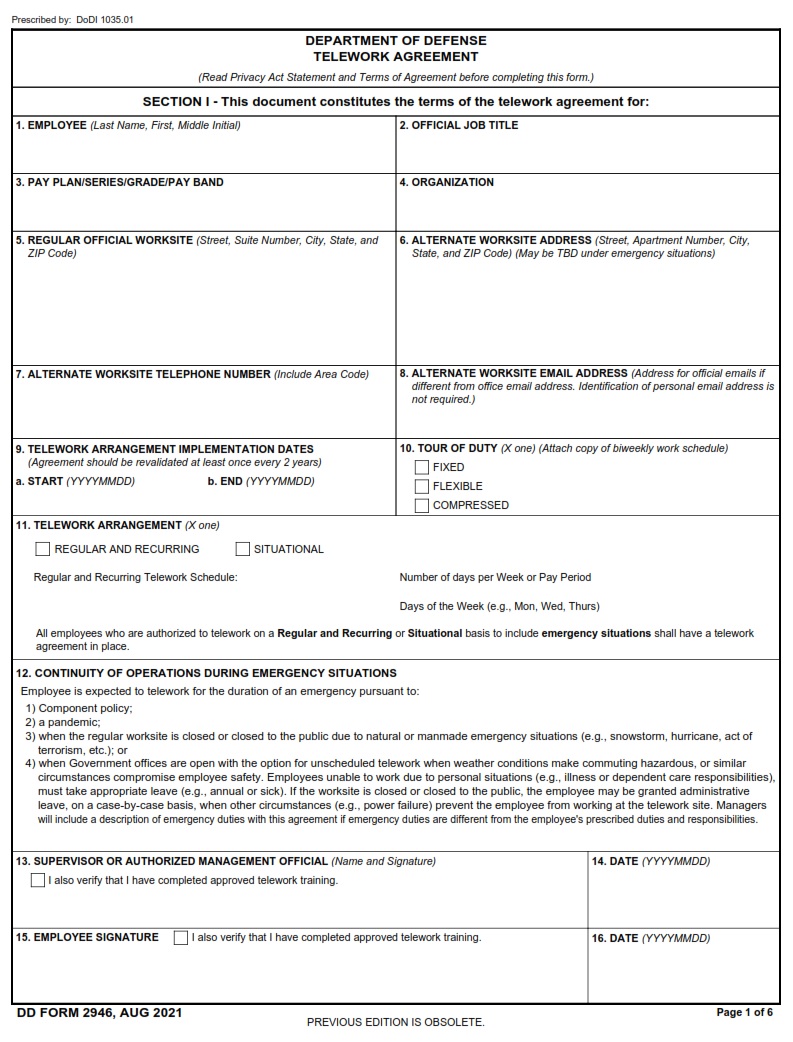 DD Form 2946 Department Of Defense Telework Agreement DD Forms
