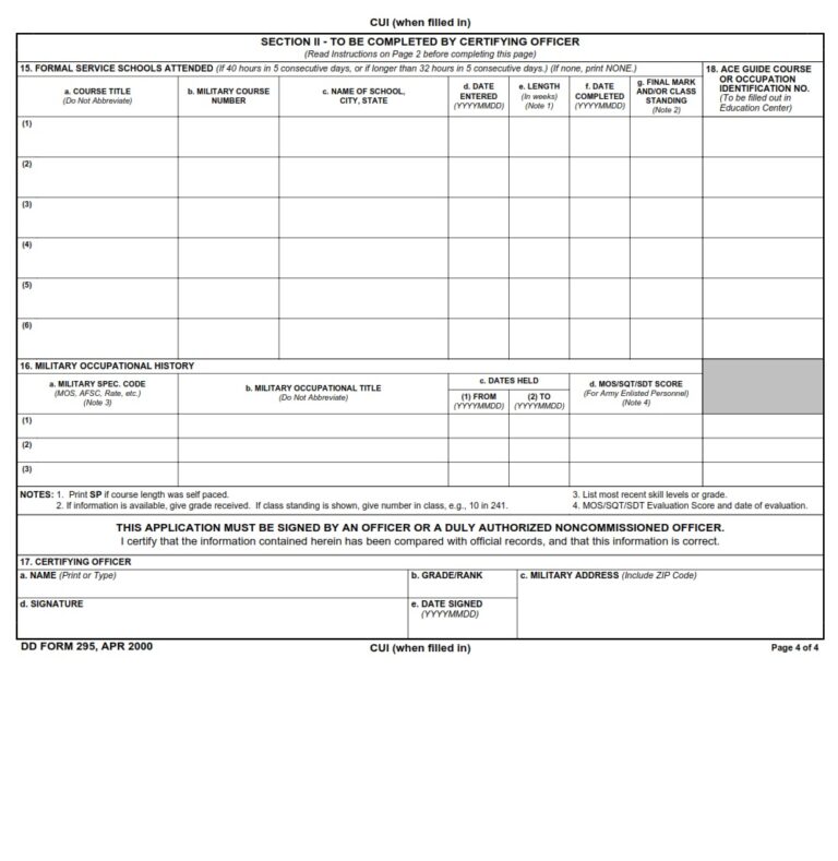 DD Form 295 – Application for the Evaluation of Learning Experiences ...