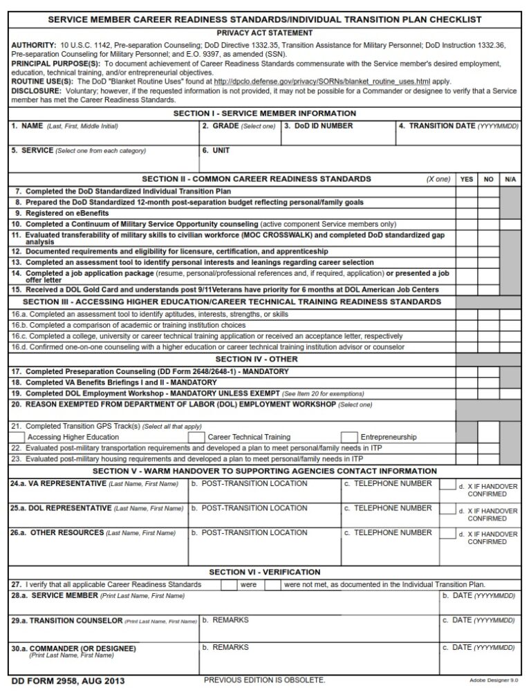 DD Form 2958 – Service Member Career Readiness Standards/Individual ...