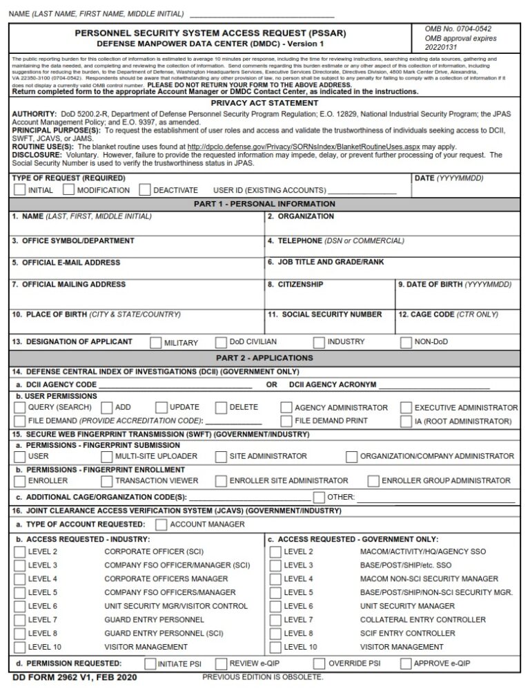 DD Form 2962 V1 – Personnel Security System Access Request (PSSAR ...