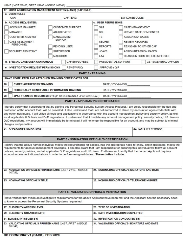 DD Form 2962 V1 Personnel Security System Access Request (PSSAR