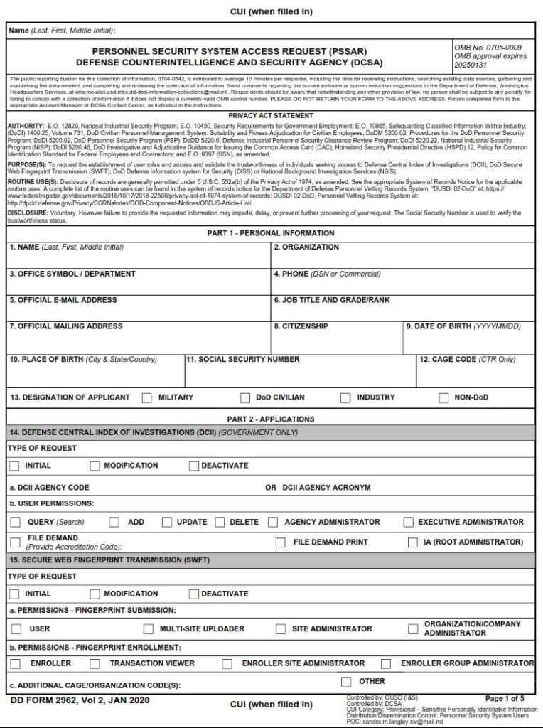 DD Form 2962V2 – Personnel Security System Access Request (PSSAR ...