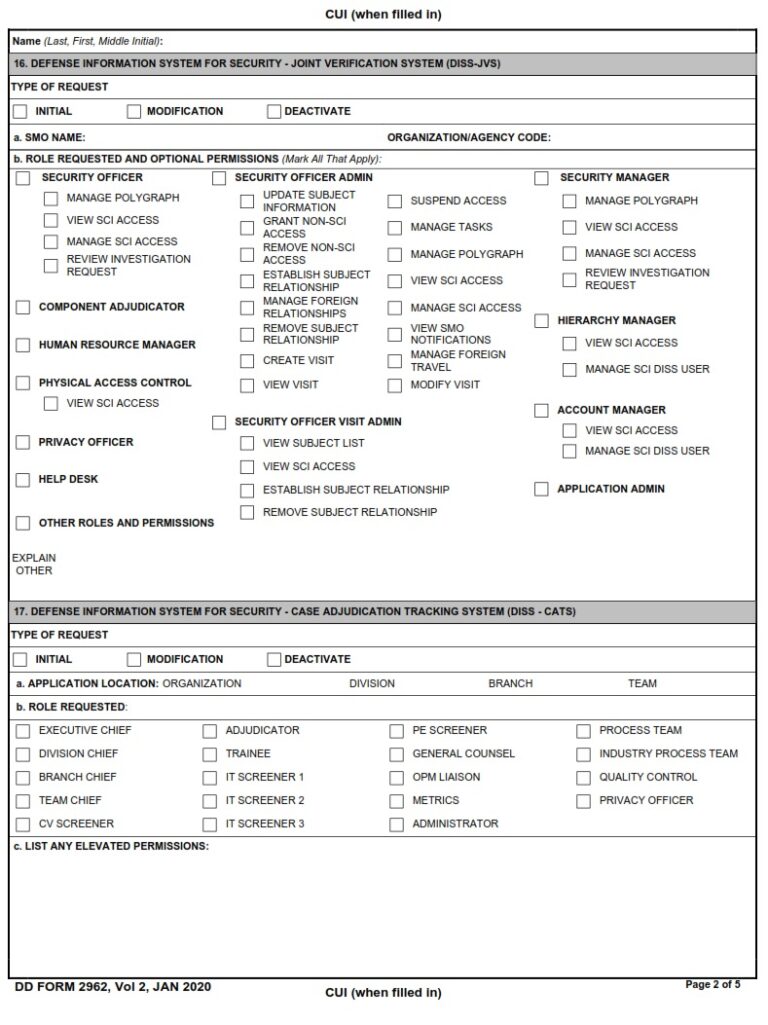 DD Form 2962V2 Personnel Security System Access Request (PSSAR