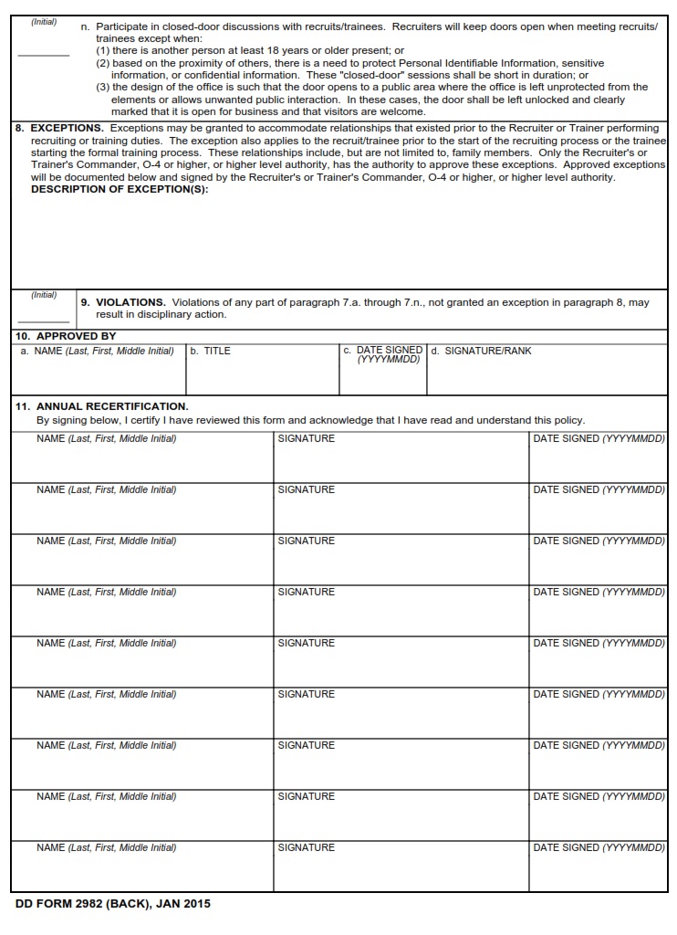 DD Form 2982 Recruiter Trainer Prohibited Activities Acknowledgment