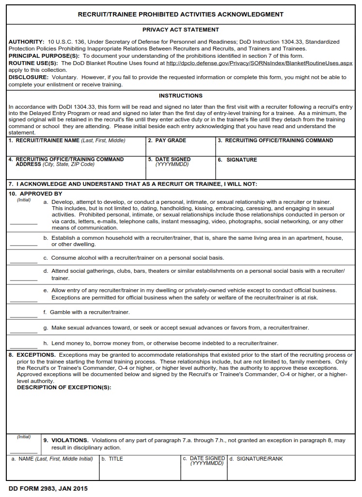DD Form 2983 Recruit Trainee Prohibited Activities Acknowledgment