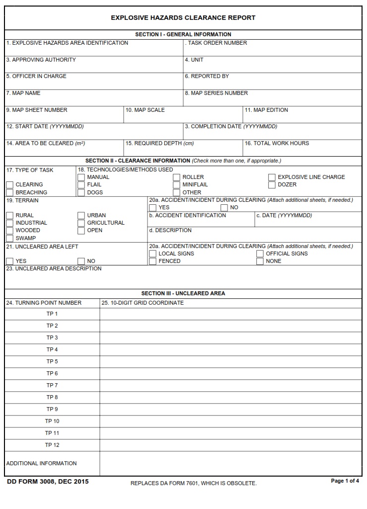DD Form 3008 Explosive Hazards Clearance Report DD Forms