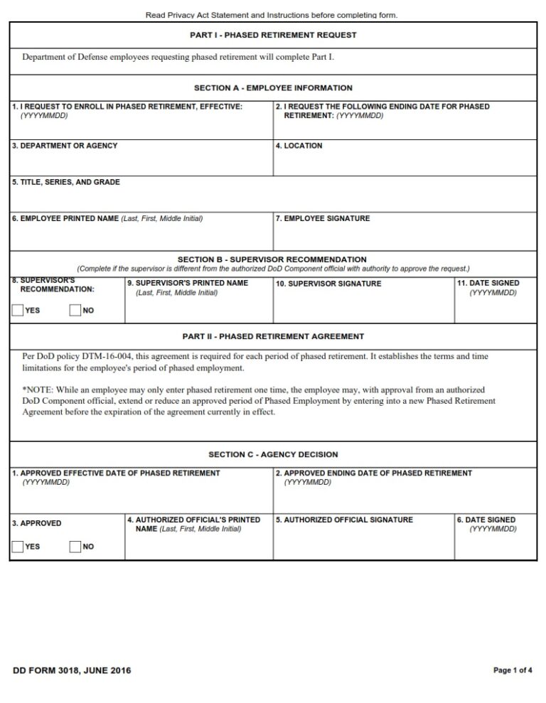 DD Form 3018 – Phased Retirement Request and Agreement - DD Forms