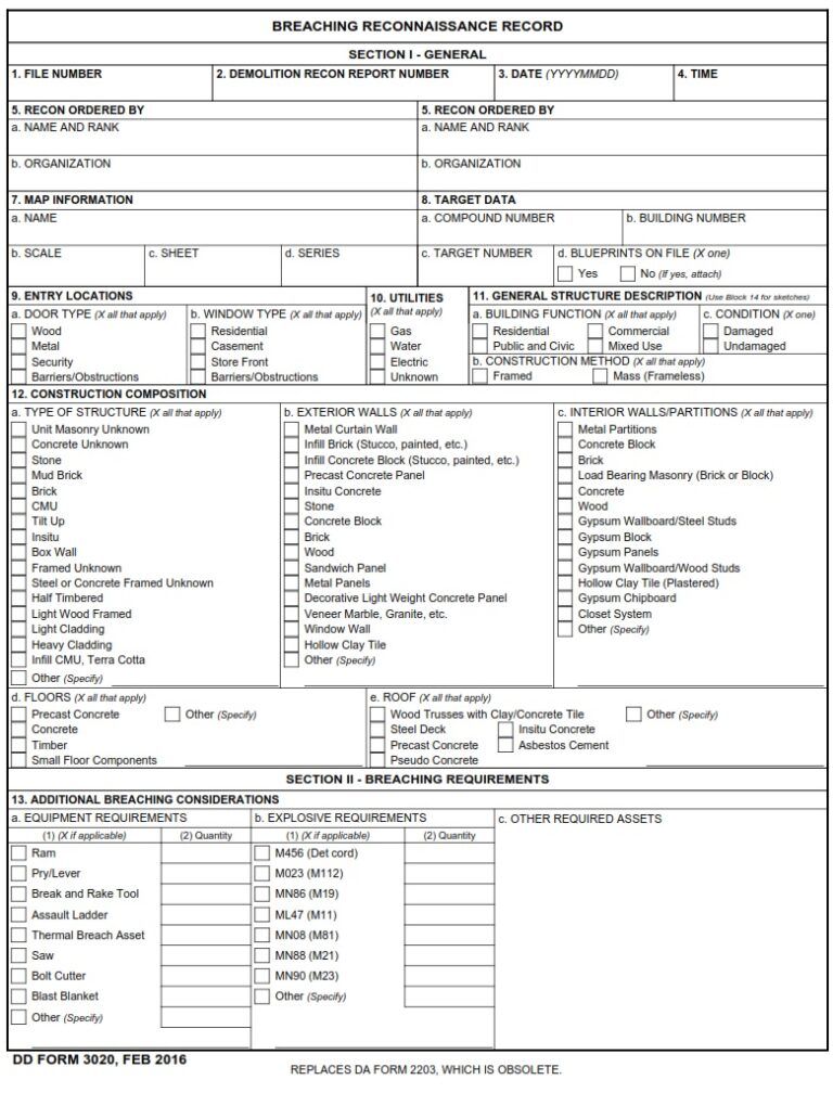 DD Form 3020 – Breaching Reconnaissance Record - DD Forms