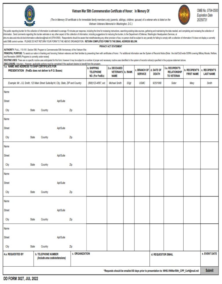 DD Form 3027 – Vietnam War 50th Commemoration Certificate of Honor: In ...