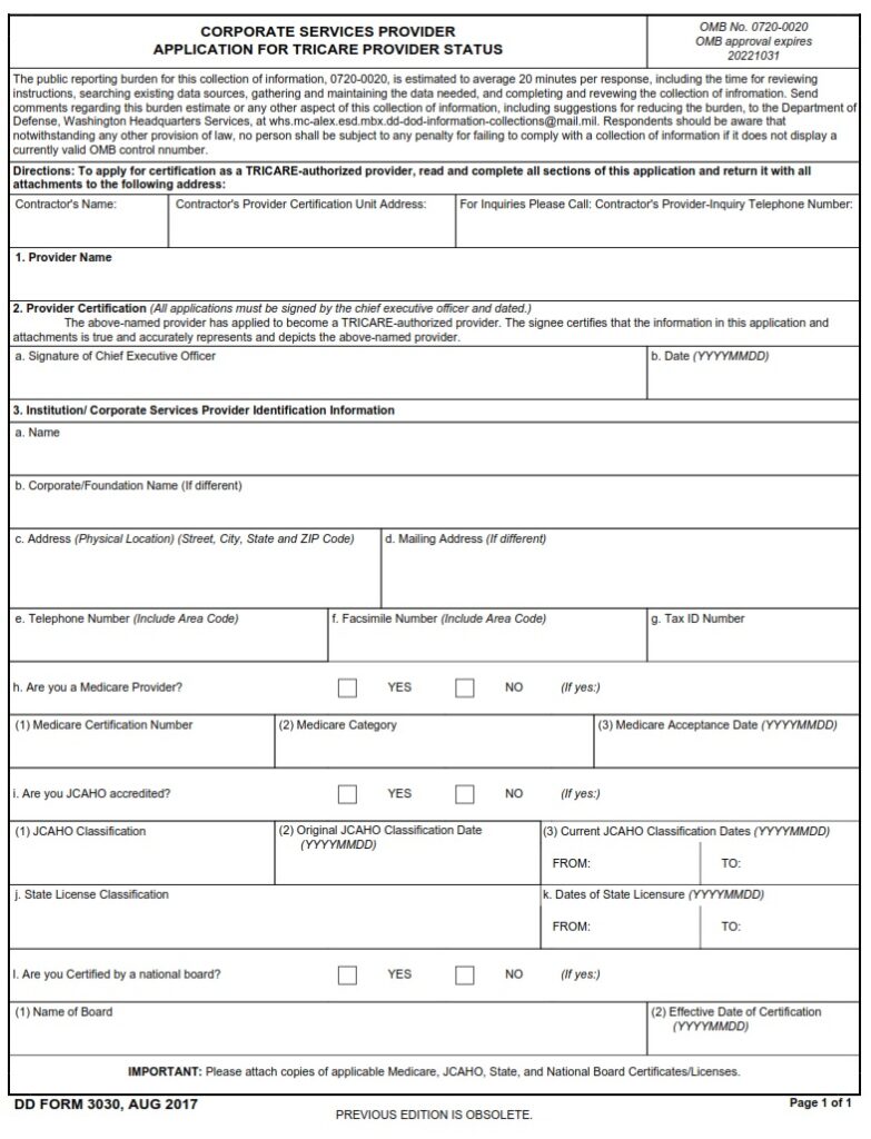 DD Form 3030 Corporate Services Provider Application for TRICARE