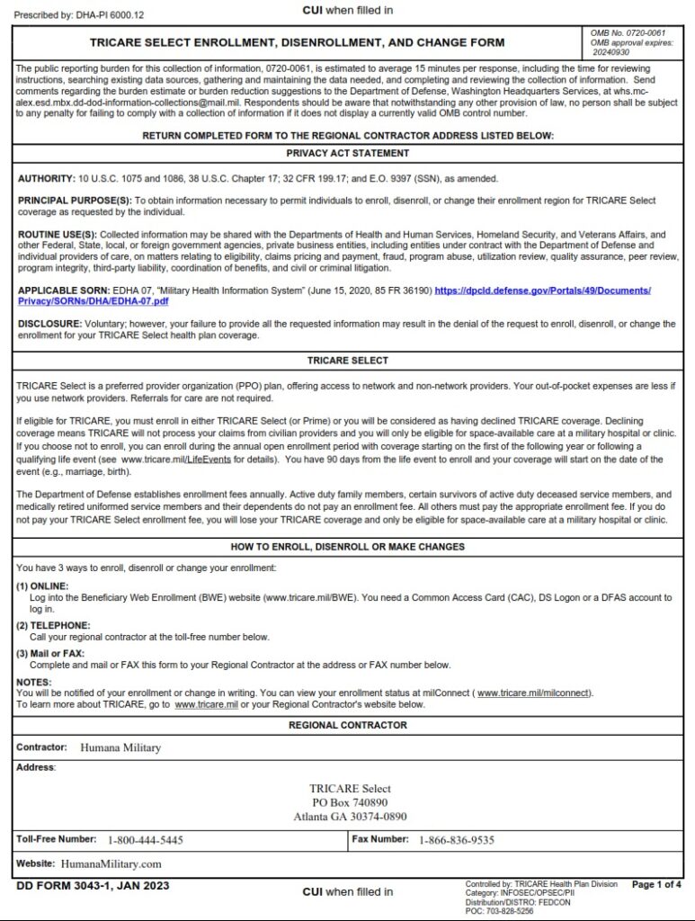 DD Form 3043-1 – TRICARE Select Enrollment, Disenrollment, and Change ...