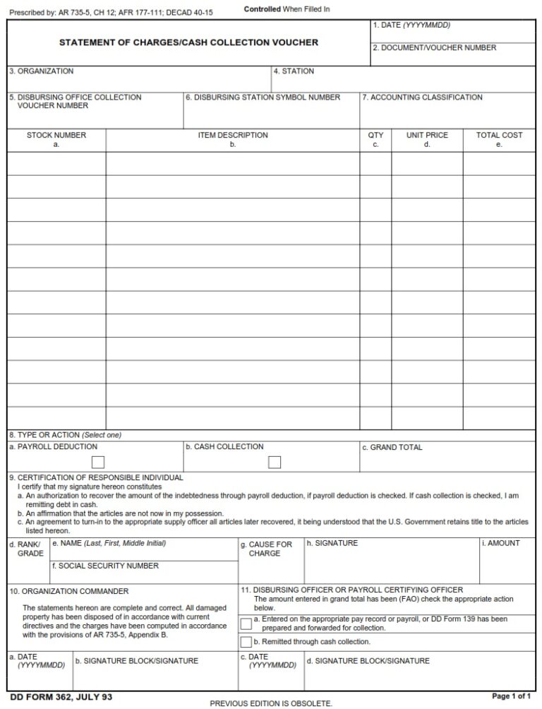 DD Form 362 – Statement of Charges/Cash Collection Voucher - DD Forms