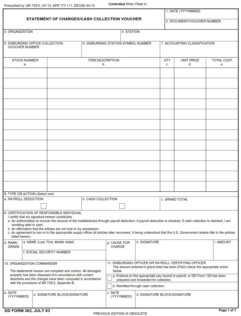 Dd Form 362 – Statement Of Charges Cash Collection Voucher - Dd Forms 074