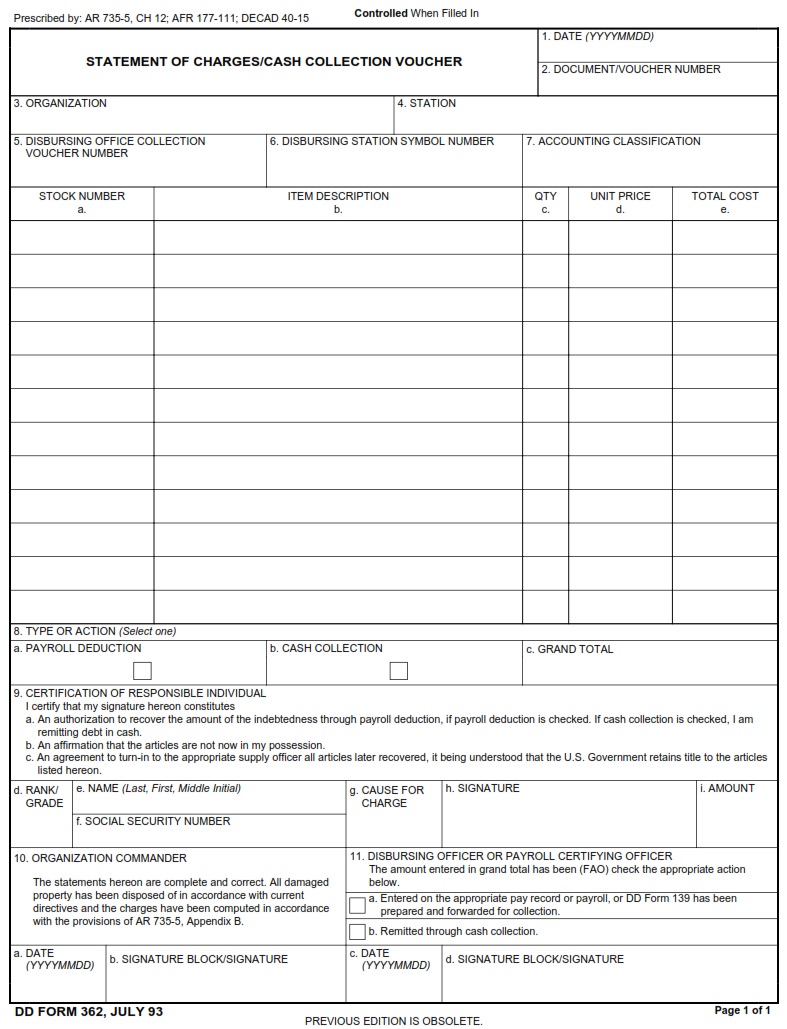 DD Form 362 Statement Of Charges Cash Collection Voucher DD Forms