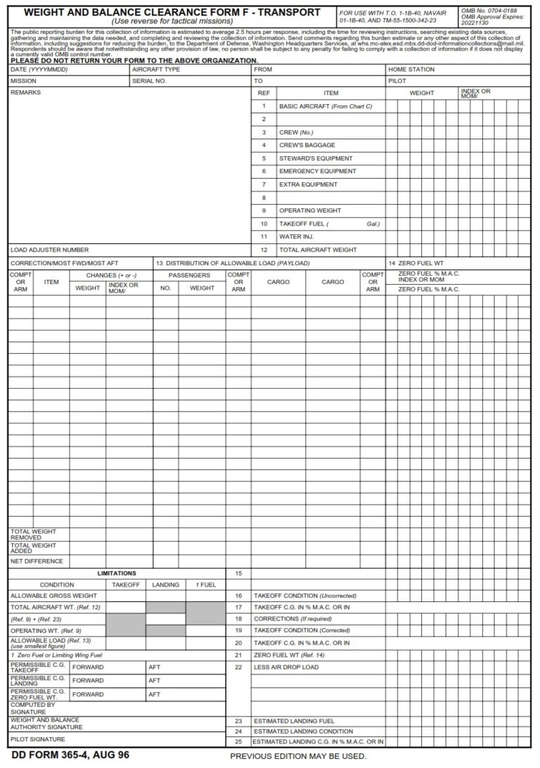 DD Form 365-4 – Weight and Balance Clearance Form F – Transport ...