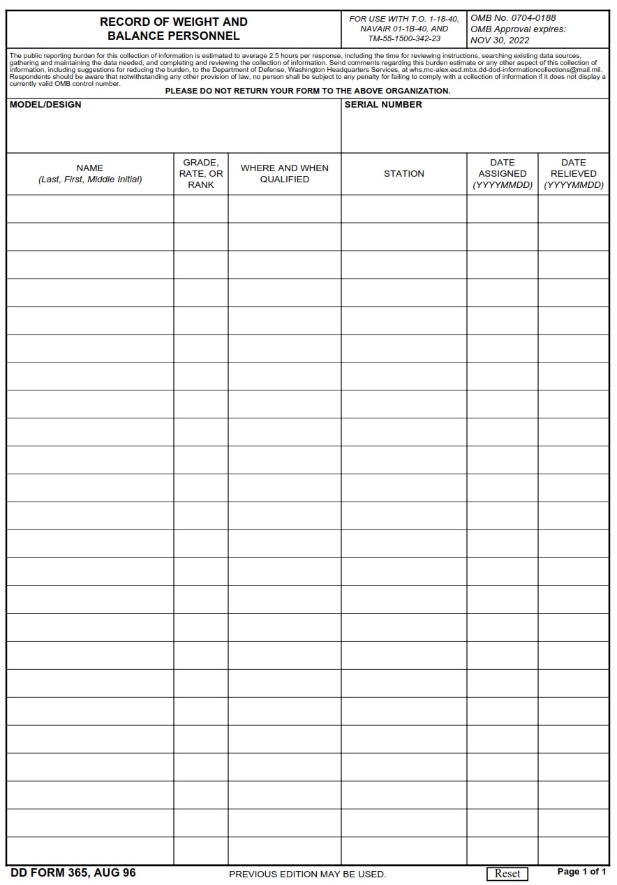 DD Form 365 Record Of Weight And Balance Personnel DD Forms