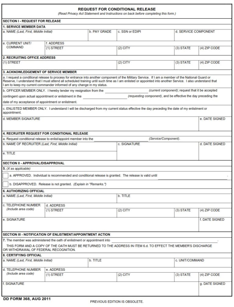 DD Form 368 – Request for Conditional Release - DD Forms