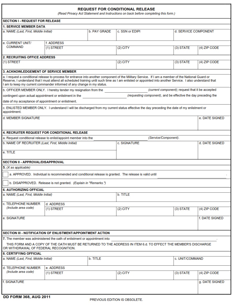 DD Form 368 Request For Conditional Release DD Forms