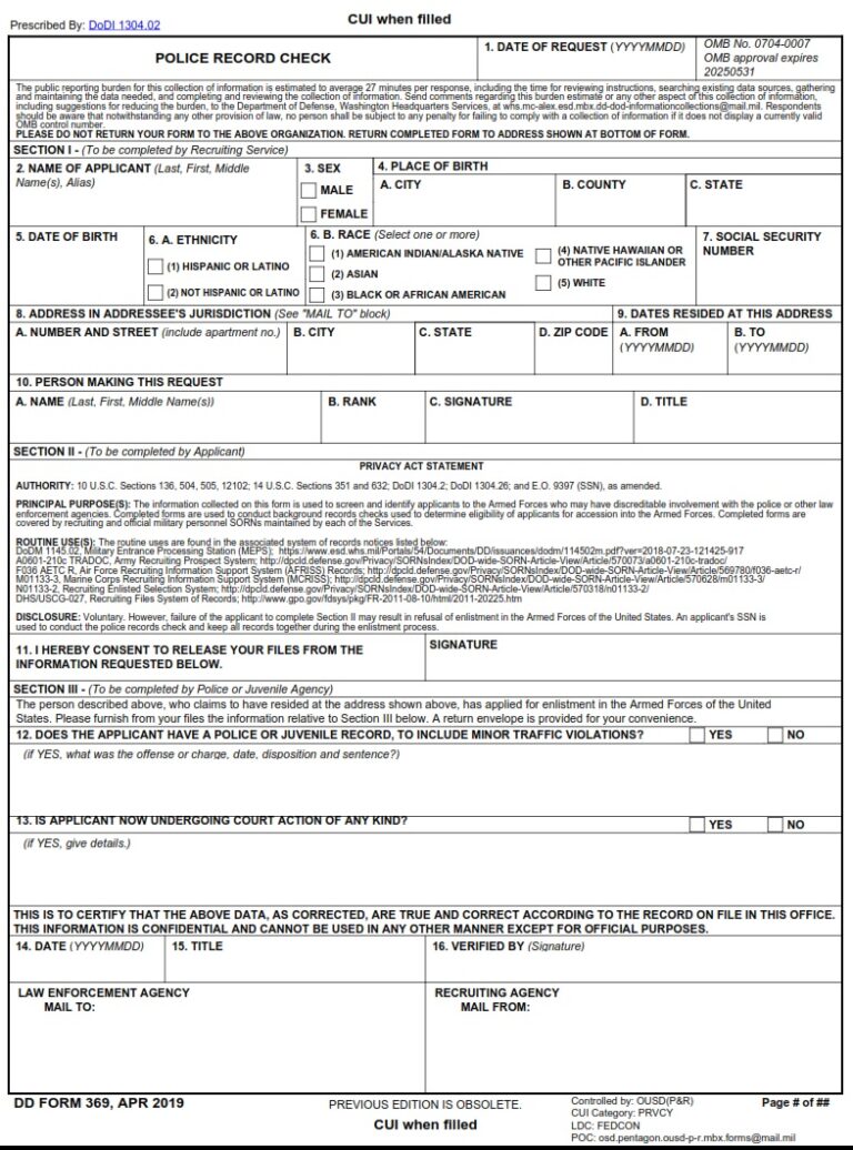 DD Form 369 Police Record Check DD Forms