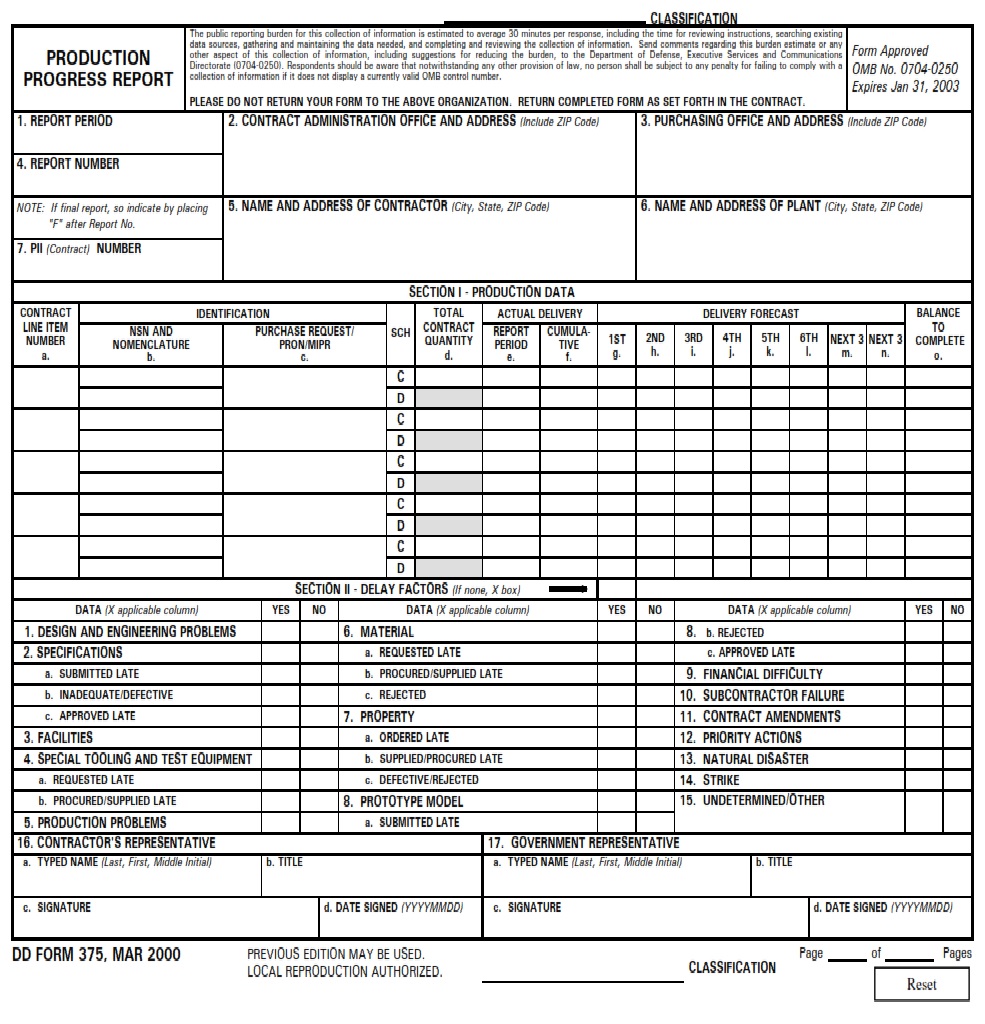 DD Form 375 Production Progress Report DD Forms