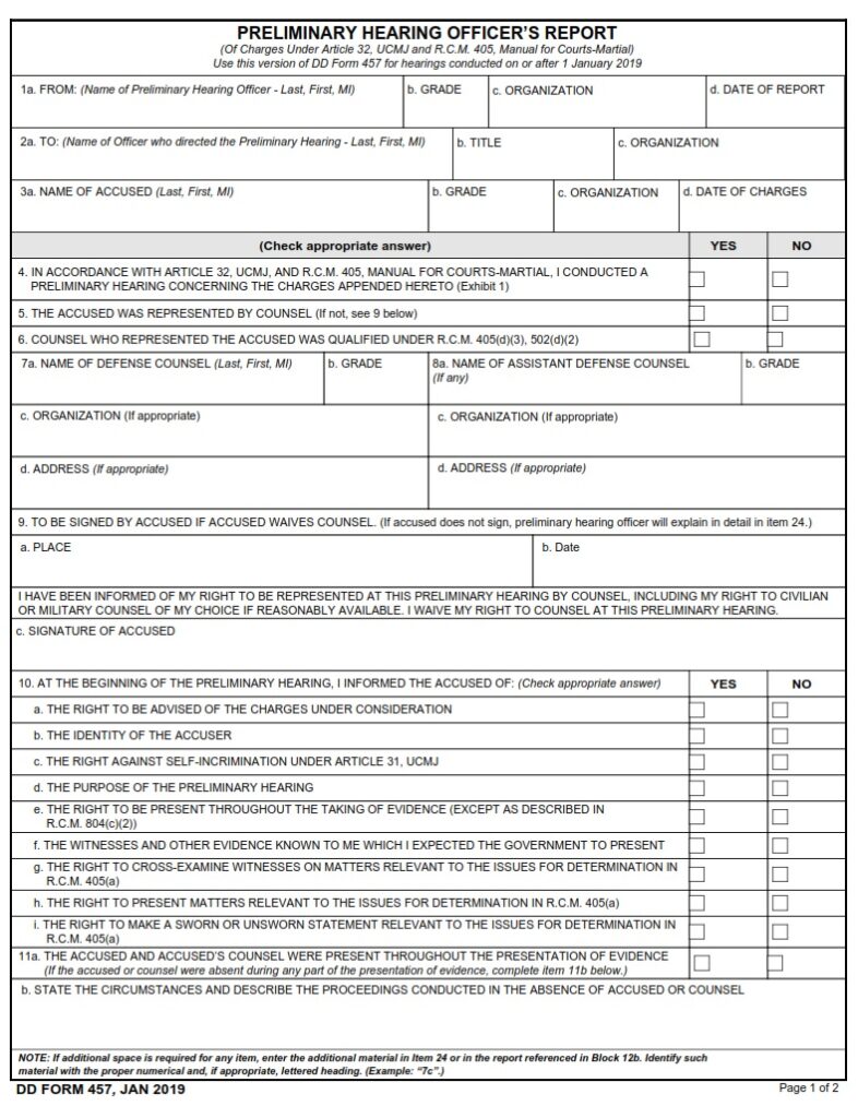 DD Form 457 Preliminary Hearing Officer s Report DD Forms DD Form 457 Preliminary Hearing Officer s Report DD Forms