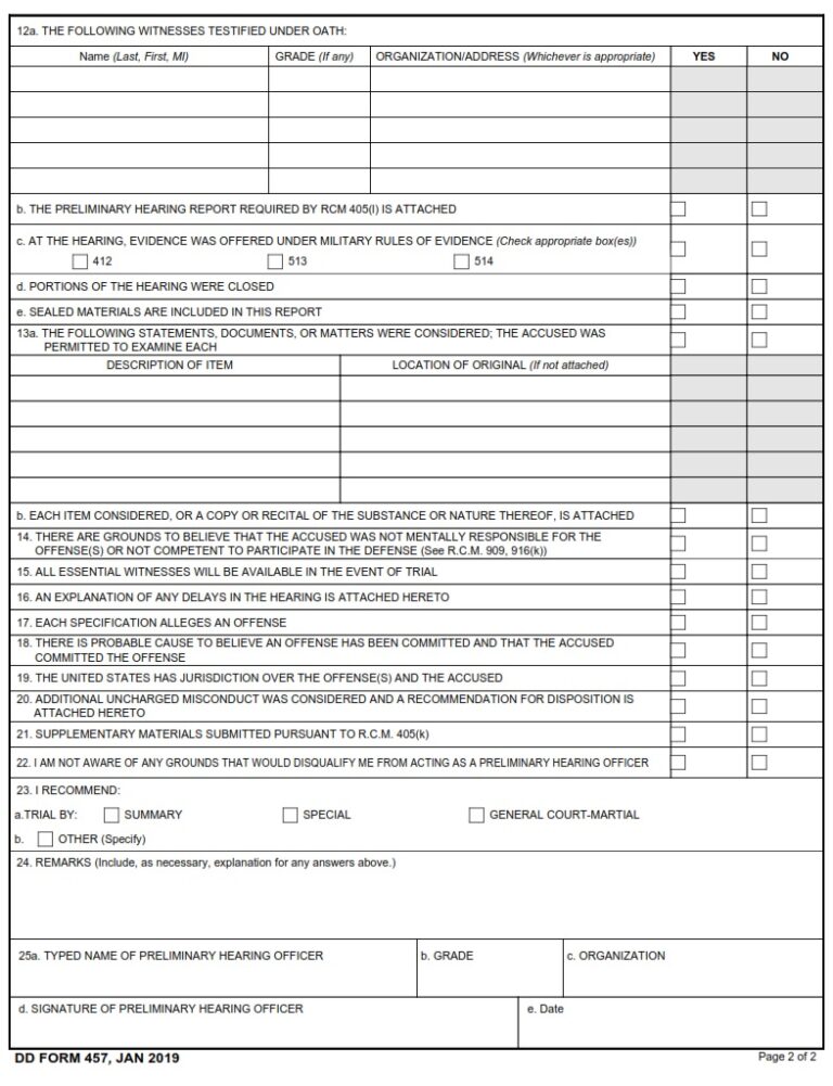 DD Form 457 – Preliminary Hearing Officer’s Report - DD Forms