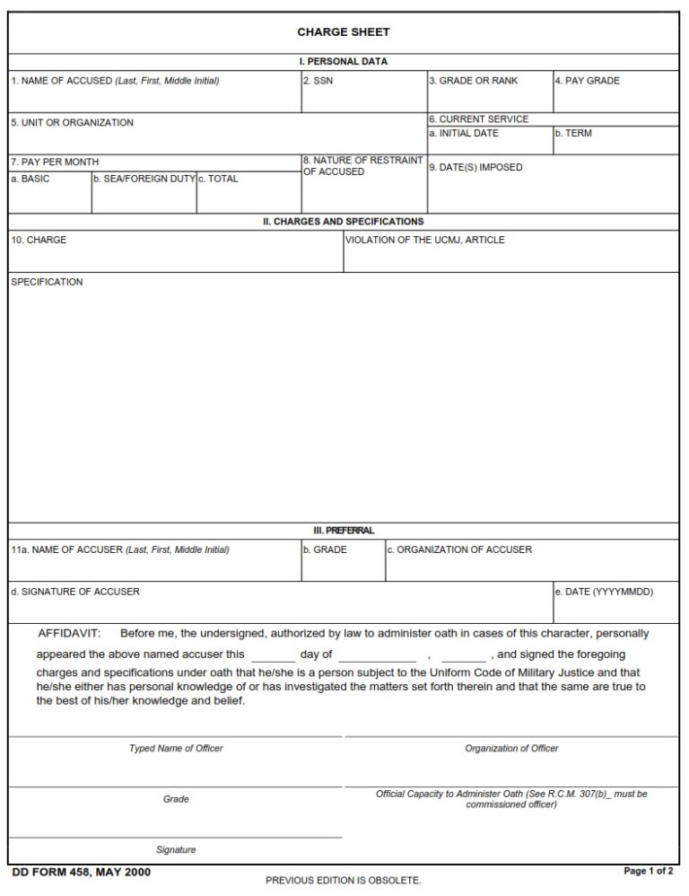 DD Form 458 – Charge Sheet - DD Forms