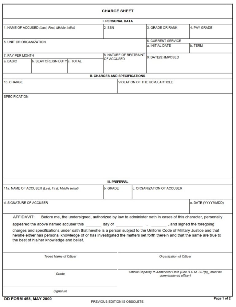 DD Form 458 Charge Sheet DD Forms