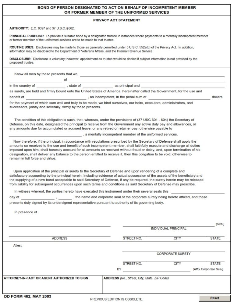 Dd Form Bond Of Person Designated To Act On Behalf Of Incompetent Member Or Former Member