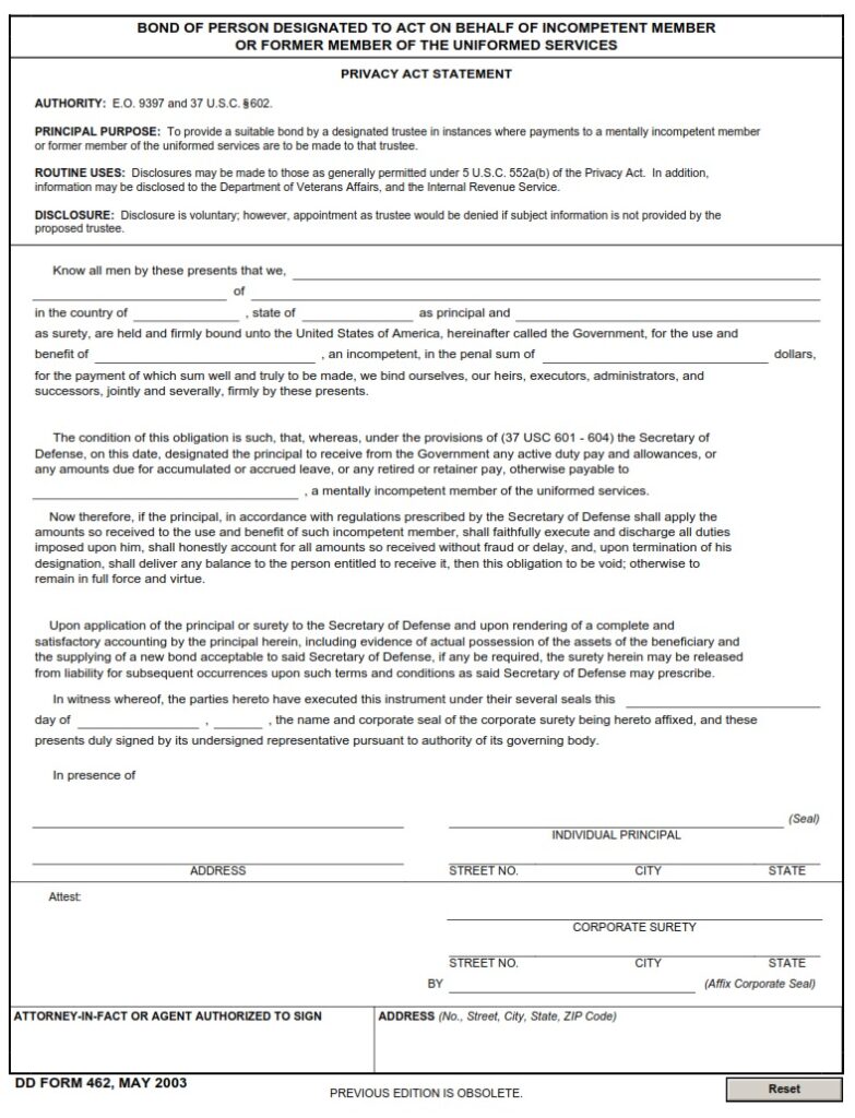 DD Form 462 – Bond of Person Designated to Act on Behalf of Incompetent ...