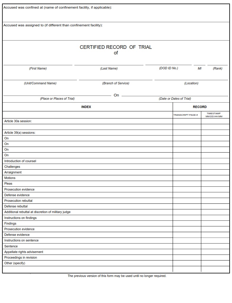 DD Form 490 Certified Record Of Trial pages 1 4 Only page 5 Only