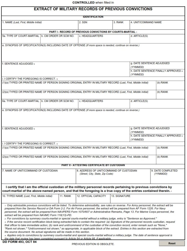 Dd Form 493 Extract Of Military Records Of Previous Convictions Dd