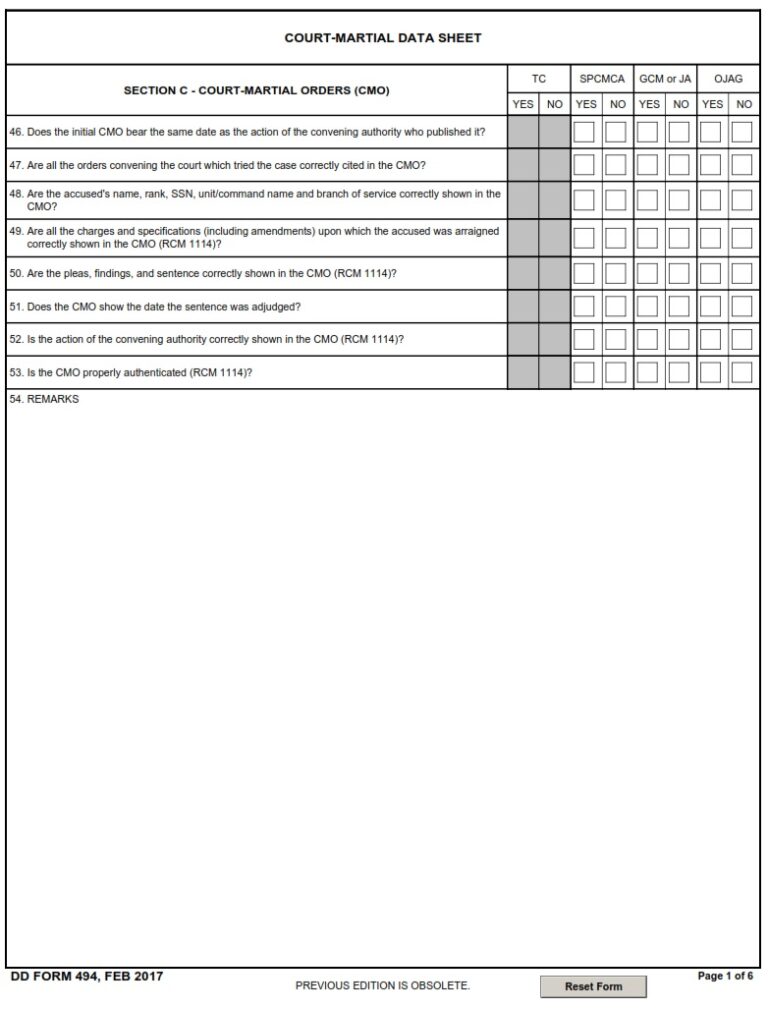 DD Form 494 – Court-Martial Data Sheet - DD Forms