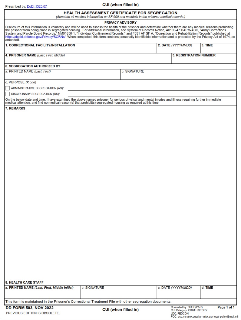 DD Form 503 Health Assessment Certificate For Segregation DD Forms