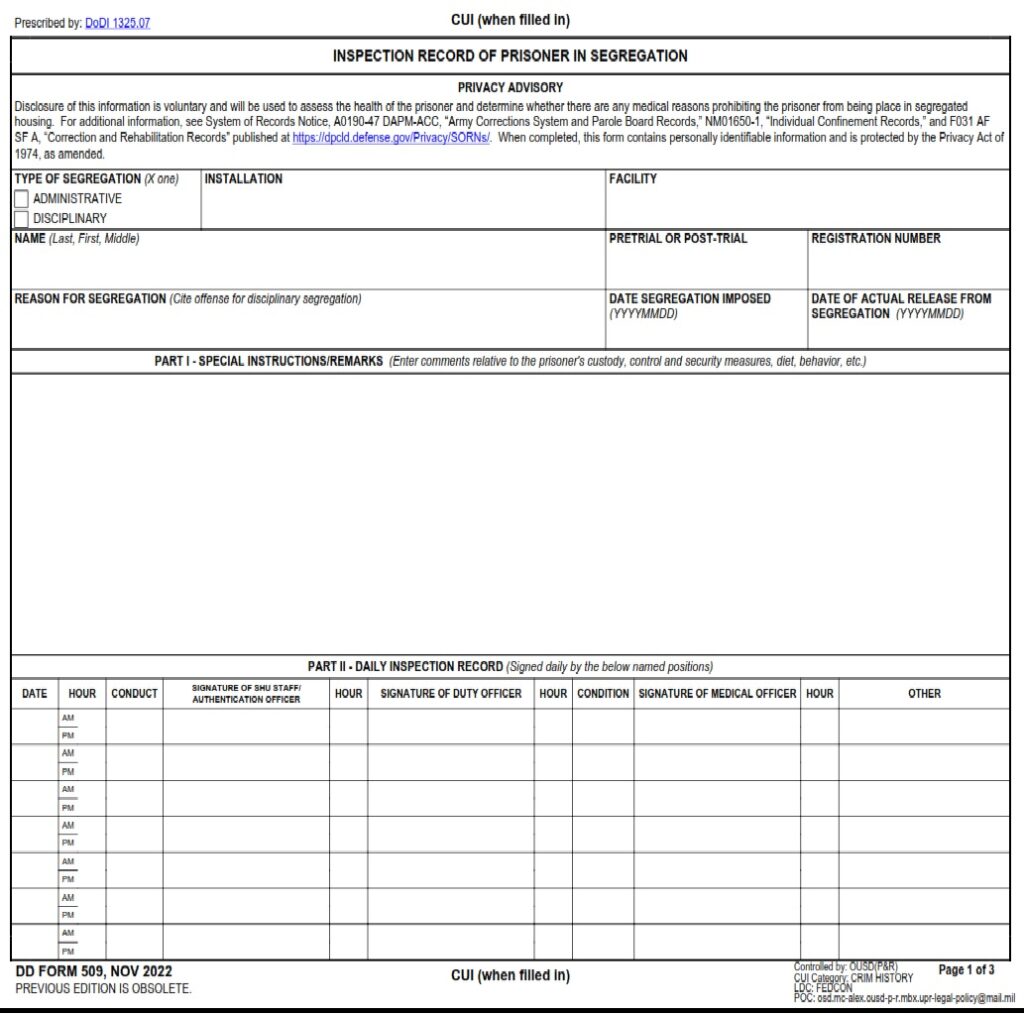 Dd Form 509 Inspection Record Of Prisoner In Segregation Dd Forms