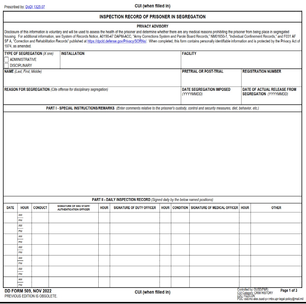 DD Form 509 Inspection Record Of Prisoner In Segregation DD Forms