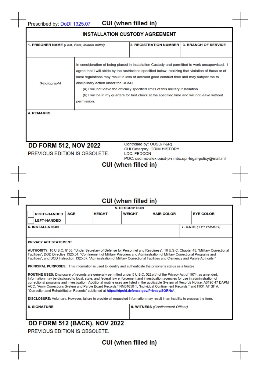 DD Form 512 Installation Custody Agreement DD Forms