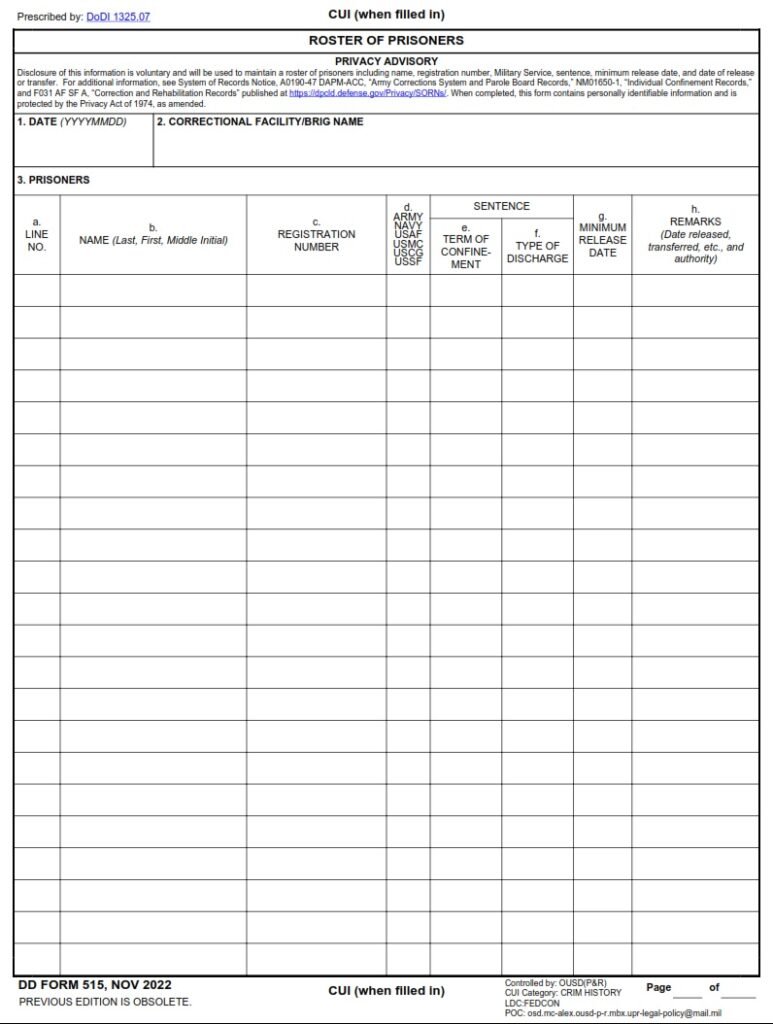 DD Form 515 – Roster of Prisoners - DD Forms