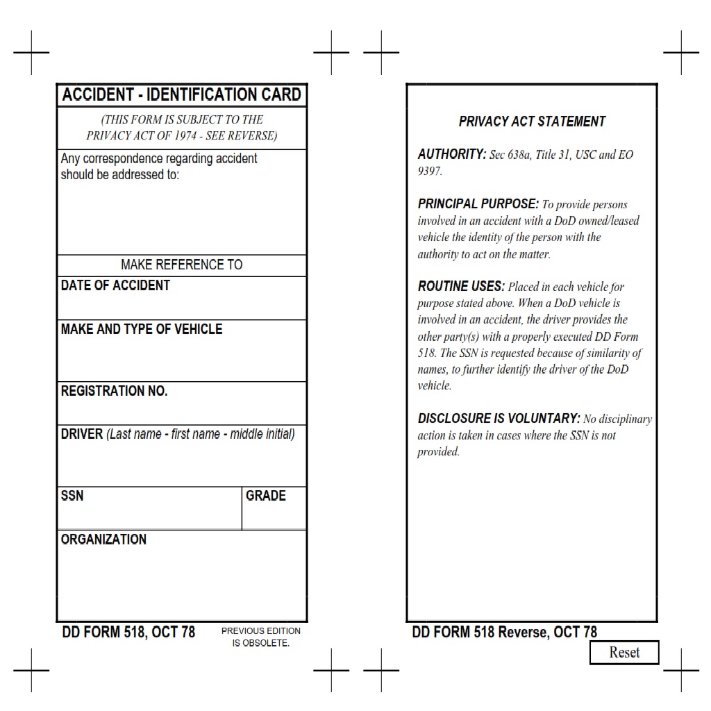 DD Form 518 Accident Identification Card DD Forms