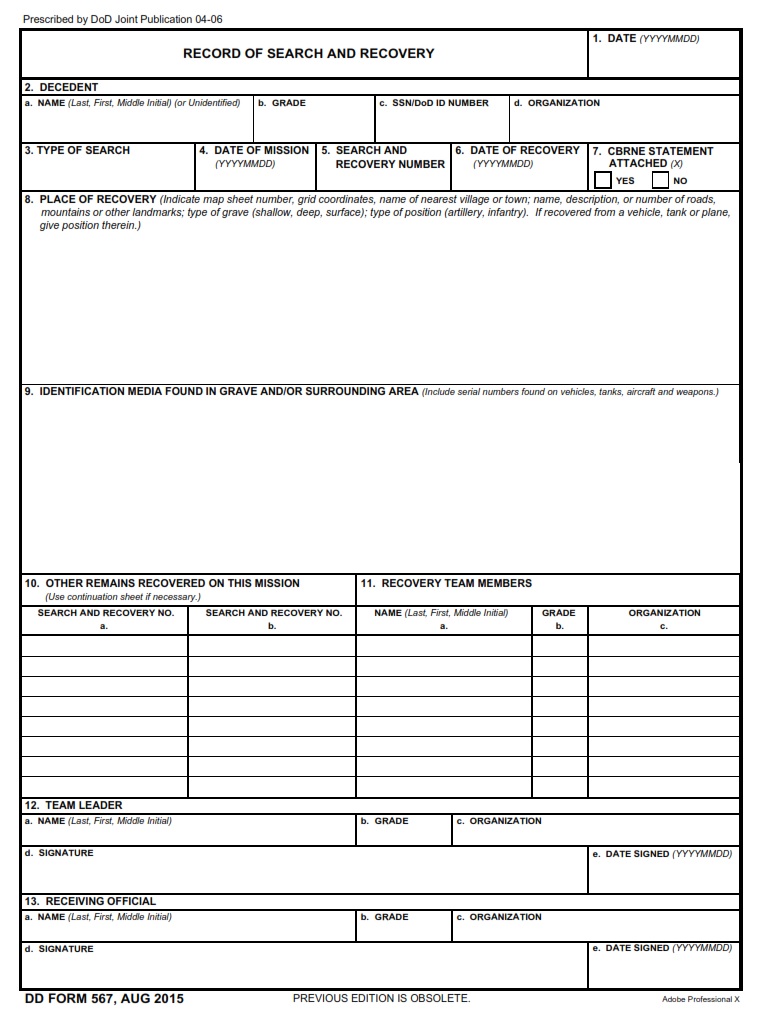 DD Form 567 Record Of Search And Recovery DD Forms