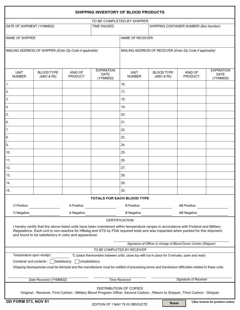 DD Form 573 Shipping Inventory Of Blood Products DD Forms