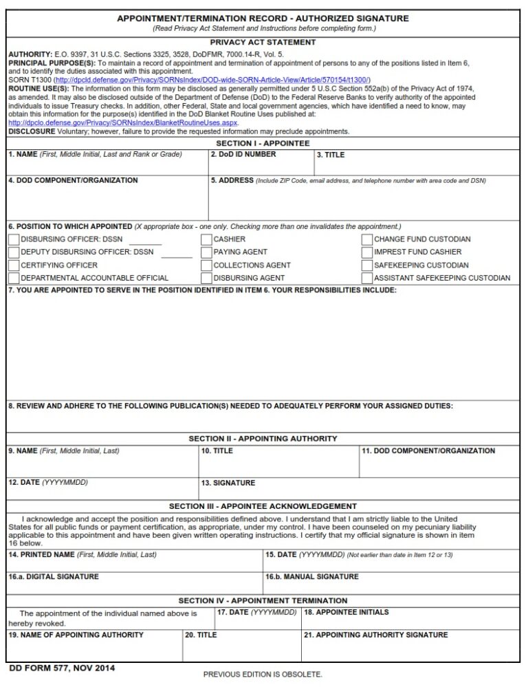 DD Form 577 Appointment Termination Record Authorized Signature