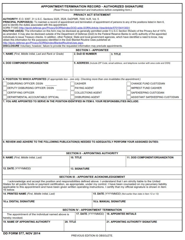 DD Form 577 – Appointment/Termination Record – Authorized Signature ...