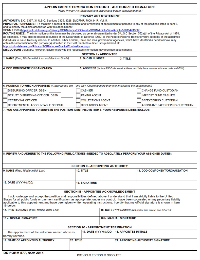 DD Form 577 – Appointment/Termination Record – Authorized Signature ...