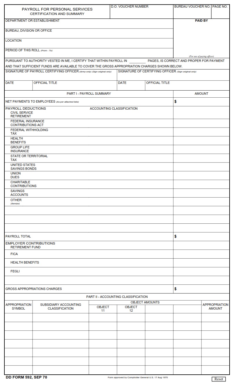 DD Form 592 Payroll For Personal Services Certification And Summary