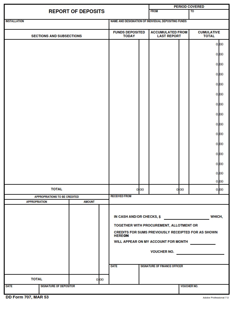 DD Form 707 Report Of Deposits DD Forms