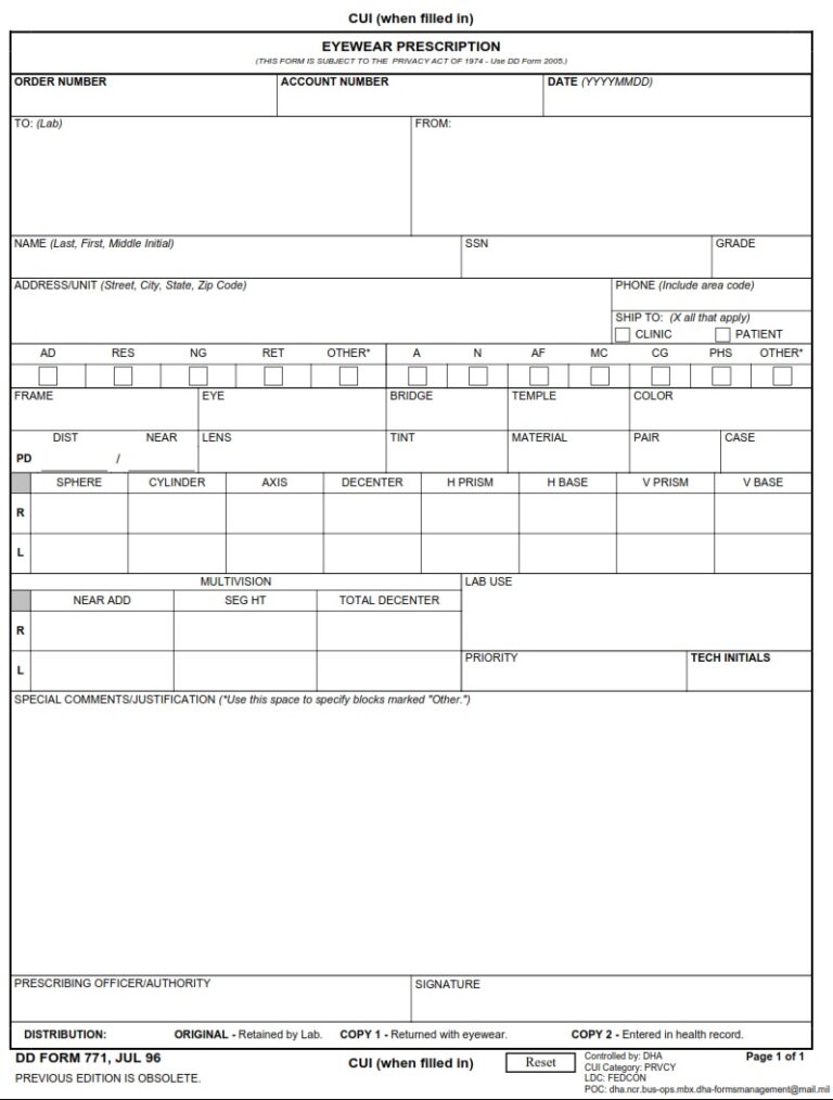 DD Form 771 Eyewear Prescription DD Forms