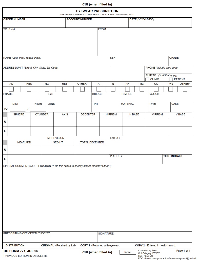 DD Form 771 Eyewear Prescription DD Forms